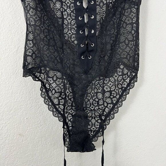 Victorias Secret Dream Angels Sheer Black Lace Up Thong Teddy Bodysuit Small - Picture 3 of 12